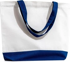 8 Pack |Not Made In China| Reusable Grocery Bag, Canvas Tote, White W/Navy Trim