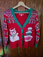 33 Degrees Cat and Cake Knit Christmas Cardigan Sweater Sz M