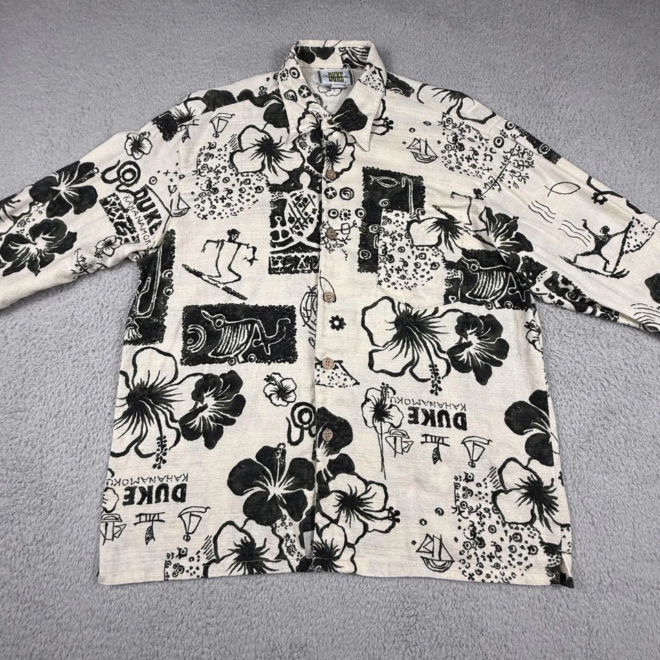 Duke Kahanamoku Shirt Mens Medium Ecru Black Hawaiian Aloha Surf Print Cotton - Image 3 of 4