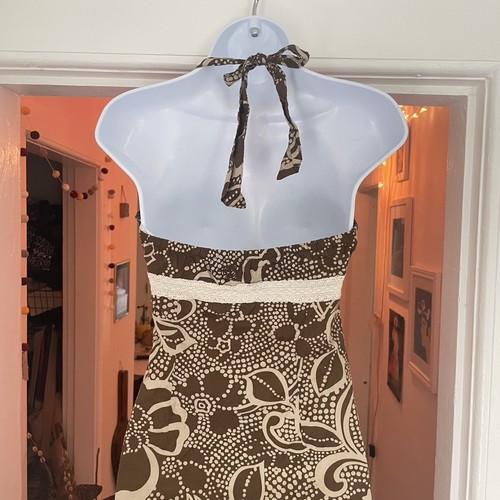 Y2K Roxy Brown Halter Dress Sz 3 Crochet Empire Waist Floral Boho Beach Cotton - Picture 2 of 9
