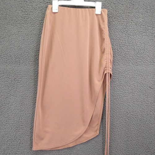 Open Edit Skirt Womens XS Tan Asymmetrical Ruched Midi Stretch Pull On Casual - Picture 3 of 10