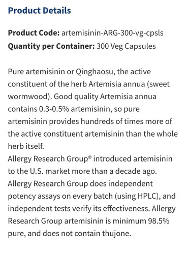 Artemisinin Pure Qinghaosu 90 Vegetarian Capsules by Allergy Research Group - Picture 11 of 11