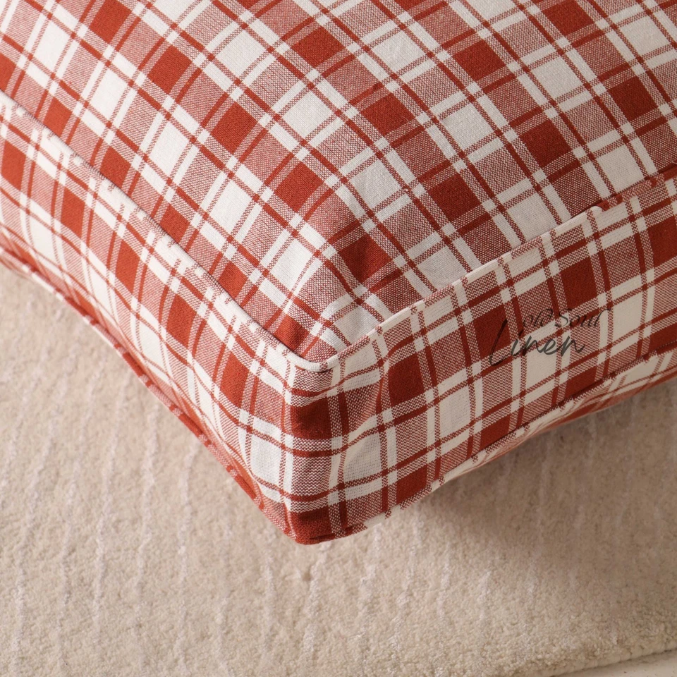 Red Plaid Floor Cushion Cover Gauze Linen Pouf Pillow Case Boho Farmhouse Decor - Image 4 of 4