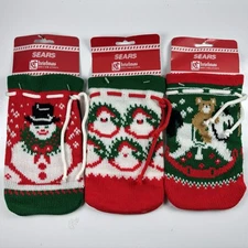 SEARS Knitted Christmas Drawstring Bag Sack Pouch New Old Stock Decoration Vtg