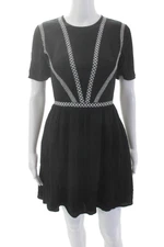 Maje Womens Geometric Textured Pleated Colorblock Round Neck Dress Black Size 1