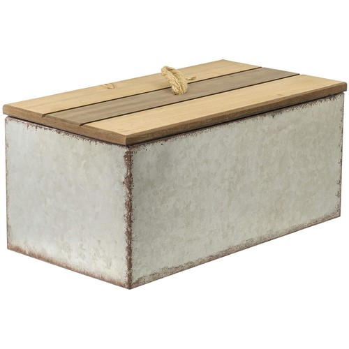 Decorative Rustic Galvanized Metal Storage Box with Wooden Lid 12"W x 6.5"D - Picture 2 of 4