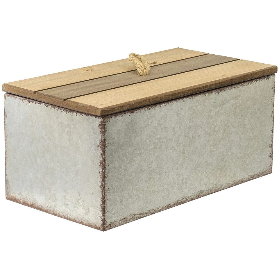 Decorative Rustic Galvanized Metal Storage Box with Wooden Lid 12"W x 6.5"D - Image 2 of 4