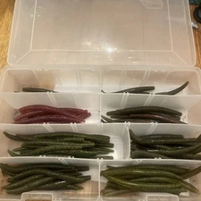 Plano Worm Storage Box With 83 Assorted Sanko Worms 5.25” Varieties Of Colors 