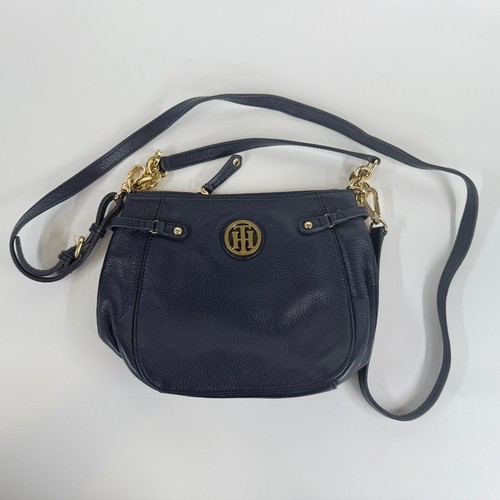 Tommy Hilfiger Umhängetasche Navy Pebbled Leder Gold Logo Schulter 10x8x4 - Bild 2 von 8