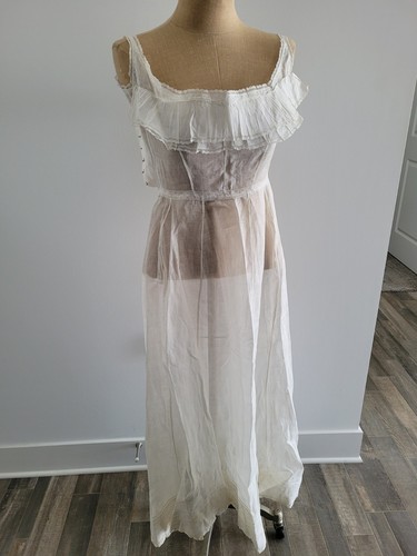 Antiguo Vestido Eduardiano Algodón Tea Lawn Sin Mangas Con Encaje Blanco Transparente - Imagen 2 de 13