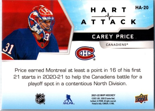 2021-22 Upper Deck MVP #HA-20 Carey Price Hart Attack - Picture 2 of 2