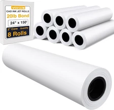 VOISEN Wide Format Paper, 8 Rolls Plotter Paper 24 In x 150 Ft, CAD Bond Rolls
