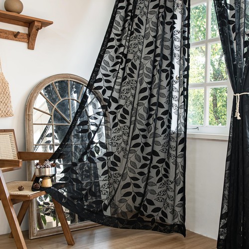 Lace Black Sheer Curtains for Bedroom Living Room Studio 84inch Long Elegant ... - Picture 7 of 9