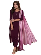 GoSriKi Women's Cotton Blend Straight Solid Kurta with Pant & Dupatta