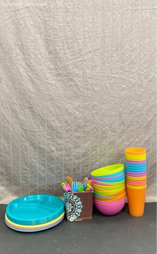 Grouping of Multicolor Plastic Dinnerware - Cutlery, Plates, Bowls & Cups