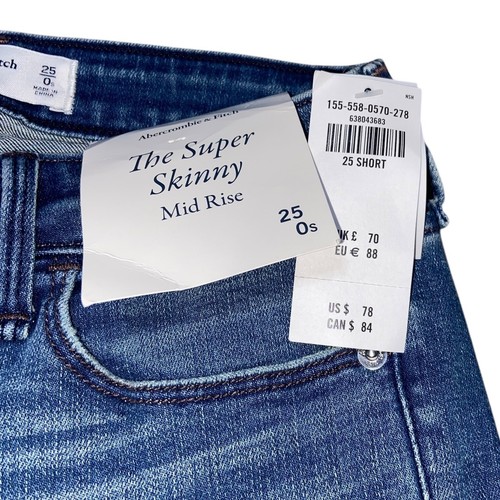 Abercrombie & Fitch NWT The Super Skinny Mid Rise Dark Wash Jeans Size 25 Short - Picture 5 of 9