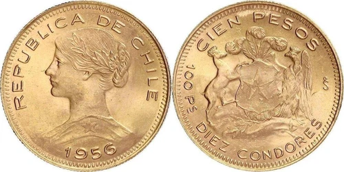 CHILE 1956SO GOLD 100 pesos KEY DATE NGC MS 63+