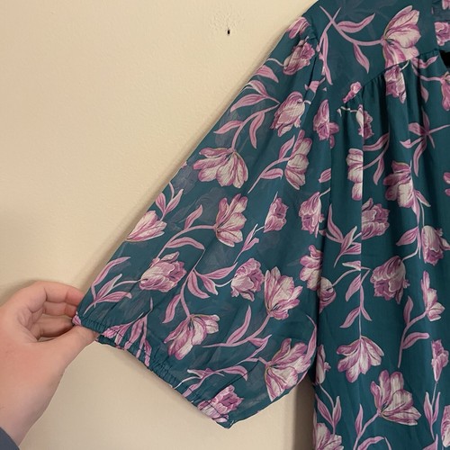 Draper James RSVP Women 2X Teal Floral Puff Sleeve Tie Waist Midi Wrap Dress NWT - Picture 6 of 13