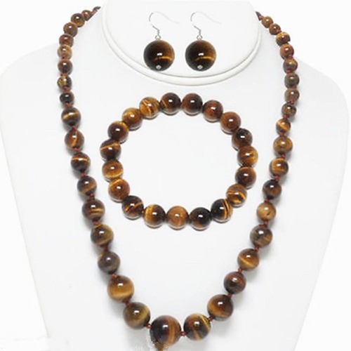6-14MM GENUINE TIGER EYE GEMS ROUND NECKLACE 18" BRACELET EARRINGS SET - Picture 2 of 4