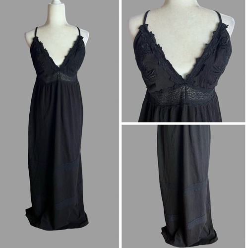 Gauze Tiered Lace Crochet Embroidered Spaghetti Strap Long Black Sundress - Picture 2 of 14