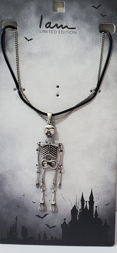Collana I Am Scheletro Argento Metallo Strass Trasparenti Gotico Halloween 19" NUOVA - Foto 2 di 5
