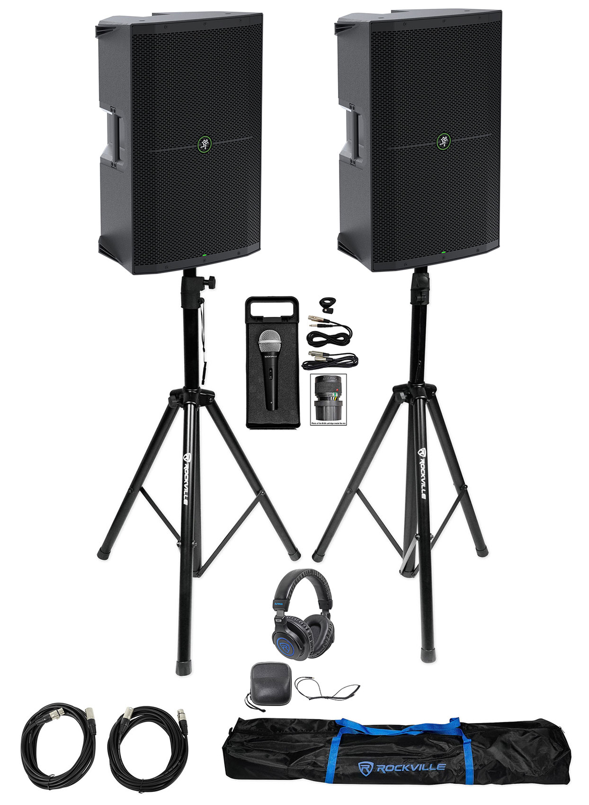 Комплект для диджея с (2) динамиками Mackie Thump215 на 15 динамиков с питанием + Подставки + Наушники + Микрофон