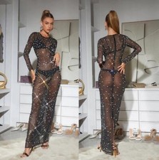 Women's 2023 Sexy Mesh Diamante Lomg Sleeve Hip Package Evening Party Dress