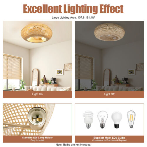 20" Farmhouse Boho Rattan Woven Bamboo Ceiling Fan with Light & Remote Control ! - Picture 6 of 12
