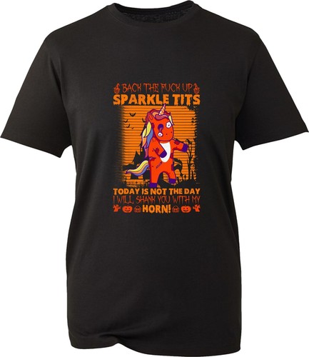 Back The F**k Up Sparkle T-Shirt Halloween Funny Horror Unicorn Rude Tee Top - Picture 3 of 4
