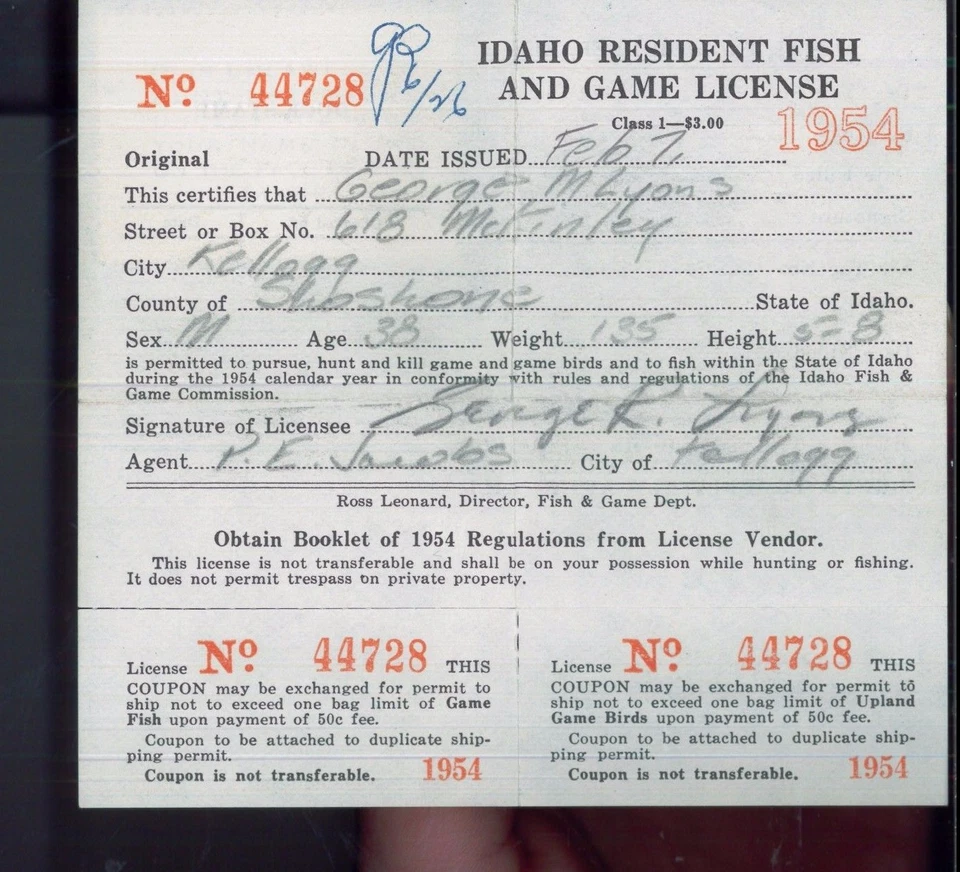 IDAHO DUCK STAMP RW21 (used) On 1953 Hunting/ Fishing License - 09 - Image 2 of 2