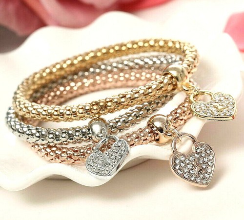 Juego de 3 pulseras de estrás pila de 3 tonos oro rosa plata - Imagen 4 de 11