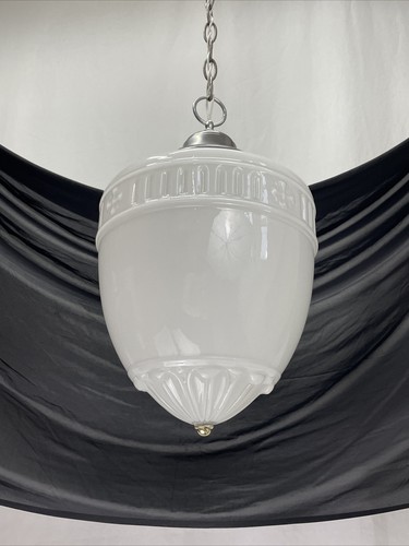 RESTORED Antique Vtg LARGE Art Deco Glass Pendant Light Chandelier, Schoolhouse - Picture 15 of 24