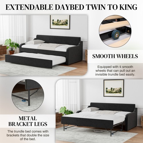 82" Upholstered Twin Size Daybed with Pop Up Trundle to King Day Bed w/USB Port - Picture 46 of 68