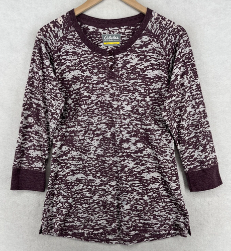 CABELA'S Shirt Womens S Camo Henley Hunting 3/4 Sleeve Stretch Jersey Brown