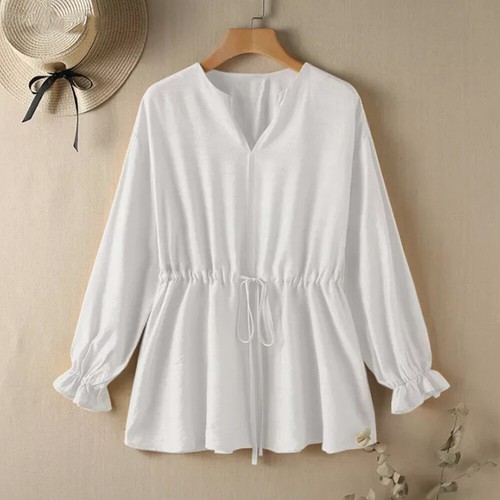 Frauen Sommer Tops Langarm V-Ausschnitt Solide Shirts Kordelzug Taille T ≌ - Bild 10 von 14