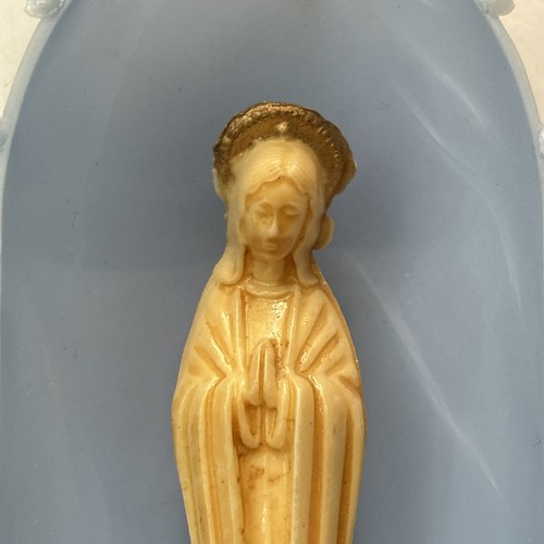 Vintage Jungfrau Maria Andacht Baby blau Kunststoff Alter 5,5" perlmuttfarbene Netzkuppel - Bild 9 von 11