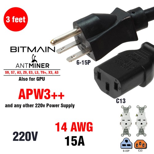 Bitmain APW3++ 3FT 14 AWG NEMA 6-15P to C13 Power Cord Rated up to 15A 250V UL - Picture 2 of 12