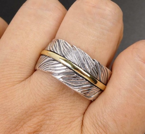 Anello bicolore vena ottone piuma argento sterling regolabile dettagli unici fini - Foto 3 di 10