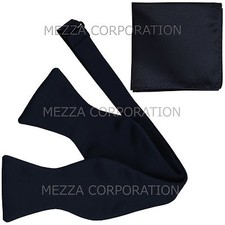 New box men's self tied bowtie set solid 100 polyester formal wedding navy blue