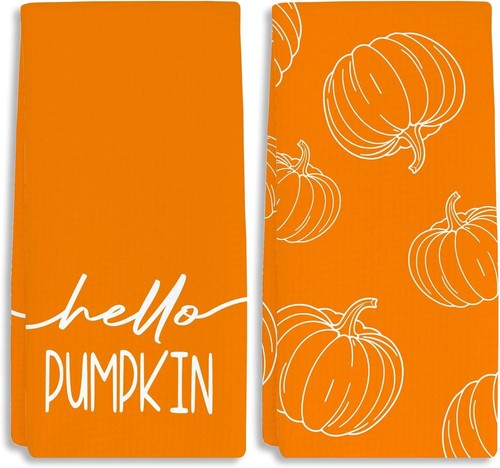 Orange Hello Pumpkin Autumn Dish Towels 16x24 Inch Set of 2 - Bild 1 von 6