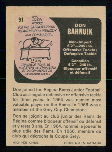 Don Bahnuik 1971 O-Pee-Chee CFL Nº 91 EX+ 28525 - Imagen 2 de 2