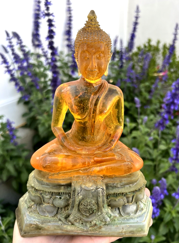 Old Asian yellow Lucite/Amber meditation figure related to Buddhism w/Stand 8.5" - Picture 1 of 14