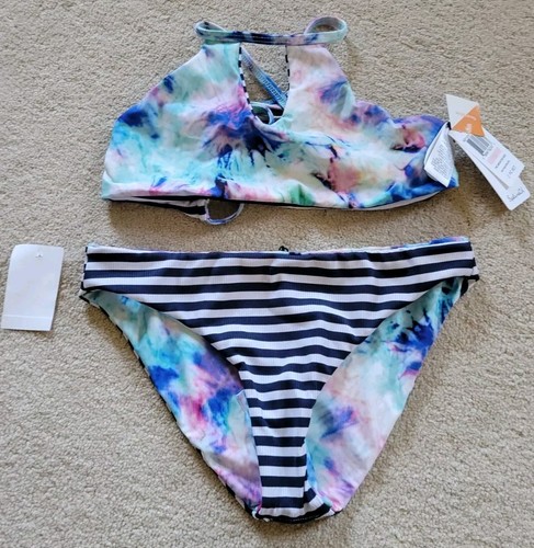 NWT Splendid Girls 2pc Bikini High Neck Retro Brighter Side Swim Set Sz 10 rever - Picture 2 of 6