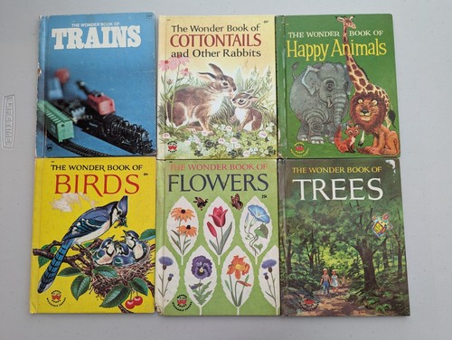 6 Book Lot The Wonder Book of Birds Cottontails Flowers Animals Trains Trees