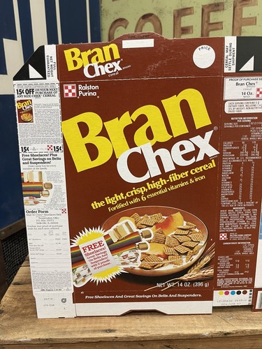 RARO 1983 Ralston Bran Chex cereal sin usar nuevo de lote antiguo caja plana de 14 oz con oferta de cordón para zapatos - Imagen 2 de 4