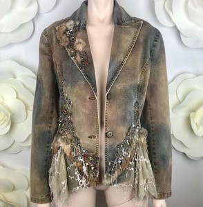 M bordato in pizzo paillettes bordato Roma scuro in denim perline con Giacca in Rossi pelliccia grigio Nwt qSzfaa