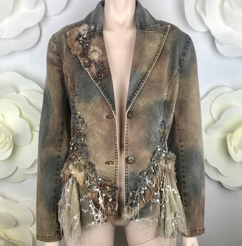 M bordato in pizzo paillettes bordato Roma scuro in denim perline con Giacca in Rossi pelliccia grigio Nwt qSzfaa