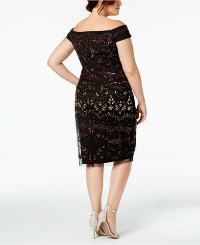 ADRIANNA PAPELL BEDAZZLED BATEAU MESH SHEATH DRESS Rouge Mult 22W - Picture 2 of 2