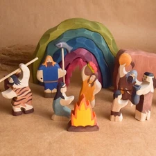 Wooden Figurines People and Animals of the Cavemen Toy Handmade Unique Playset