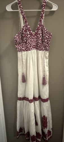 Anthropologie Womens Maxi Dress Size 2P White Pink Embroidered Manuela Halter